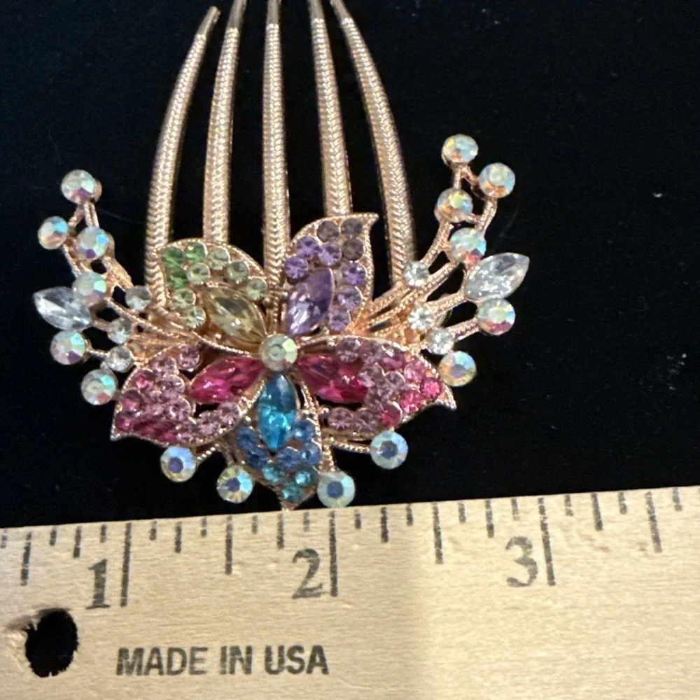 Vintage Style Decorative Floral Hair Comb‎ InLaid With Colorful Rhinestones Boho
